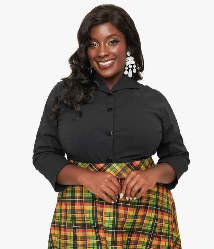 Royal Monk Plus Size 1950s Black Button Up Celia Blouse ClothingPlus Unique Vintage Blouses