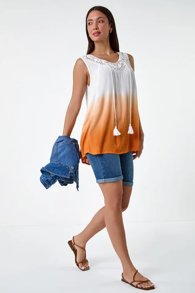 Rust Cotton Lace Detail Ombre VNeck Vest Top Women Roman Tops