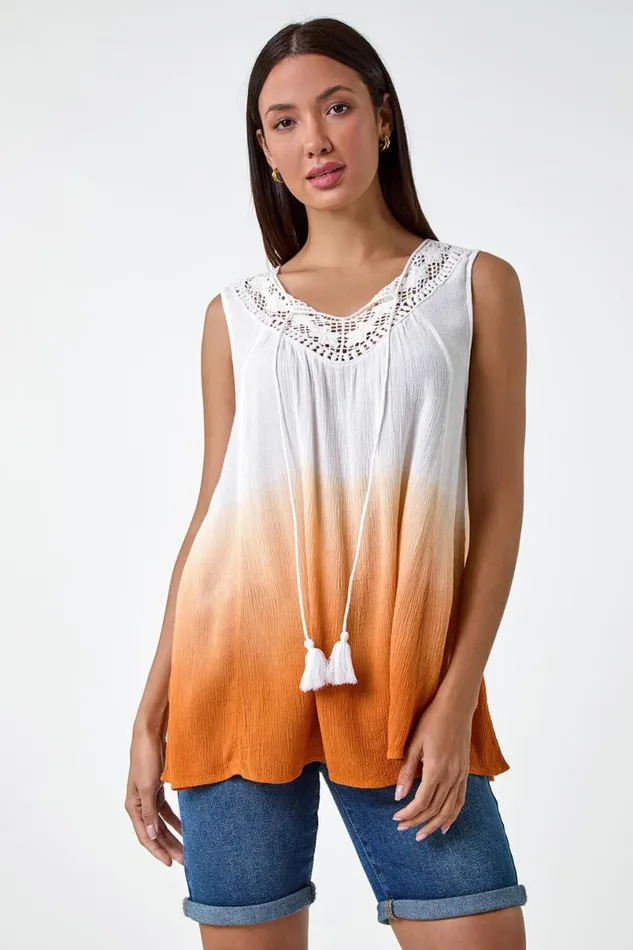 Rust Cotton Lace Detail Ombre VNeck Vest Top Women Roman Tops