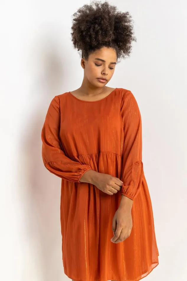 Rust Curve Chiffon Shimmer Stripe Smock Dress Women Roman Dresses