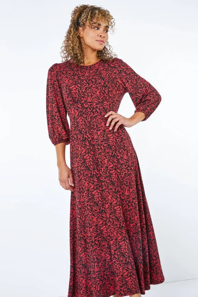 Rust Petite Floral Print Stretch Midi Dress Women Roman Dresses