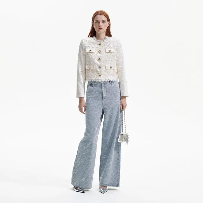 Self Portrait Bottoms Blue Rhinestone Wide Leg Jeans 8211 Women