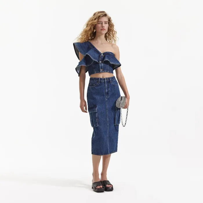 Self Portrait Denim Denim Cargo Midi Skirt 8211 Women