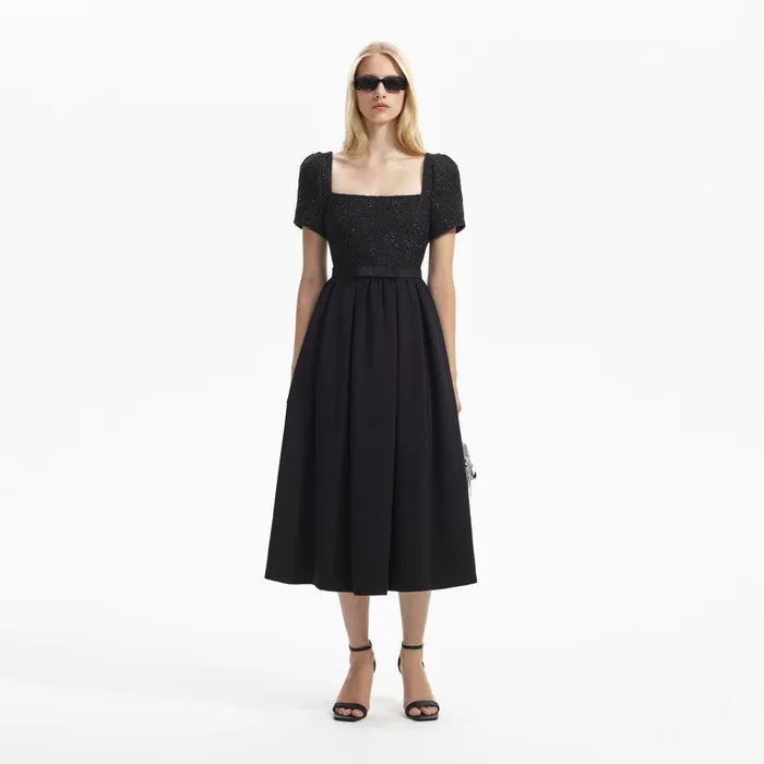 Self Portrait Dresses Black Boucle Square Neck Midi Dress 8211 Women