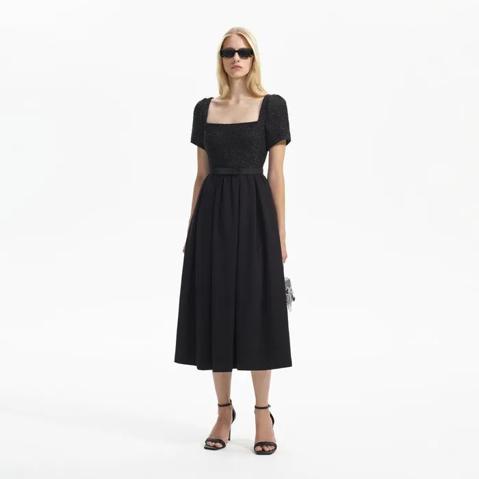 Self Portrait Dresses Black Boucle Square Neck Midi Dress 8211 Women