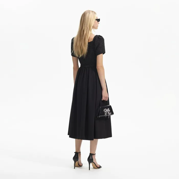 Self Portrait Dresses Black Boucle Square Neck Midi Dress 8211 Women