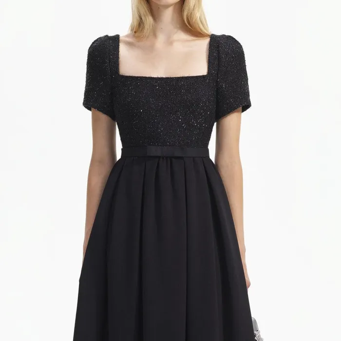 Self Portrait Dresses Black Boucle Square Neck Midi Dress 8211 Women