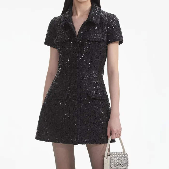 Self Portrait Dresses Black Sequin Boucle Mini Dress 8211 Women