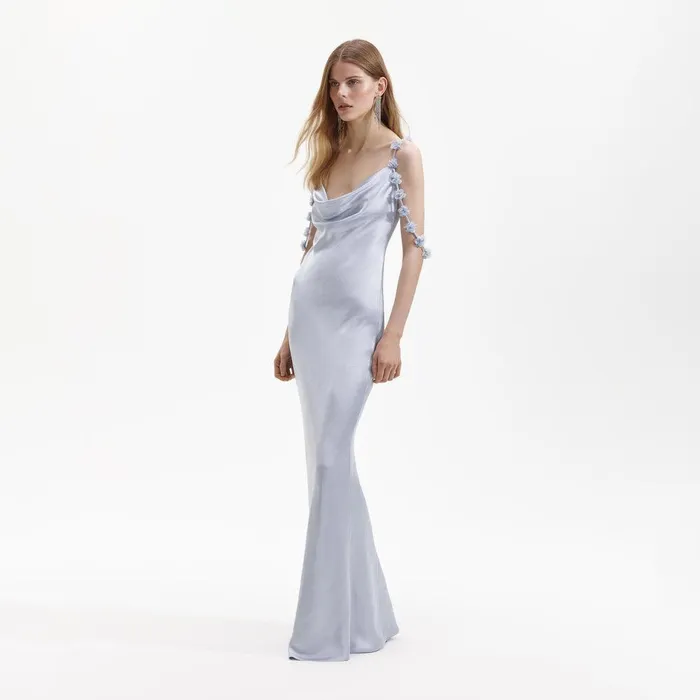 Self Portrait Dresses Blue Satin Flower Maxi Dress 8211 Women