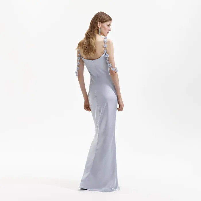 Self Portrait Dresses Blue Satin Flower Maxi Dress 8211 Women