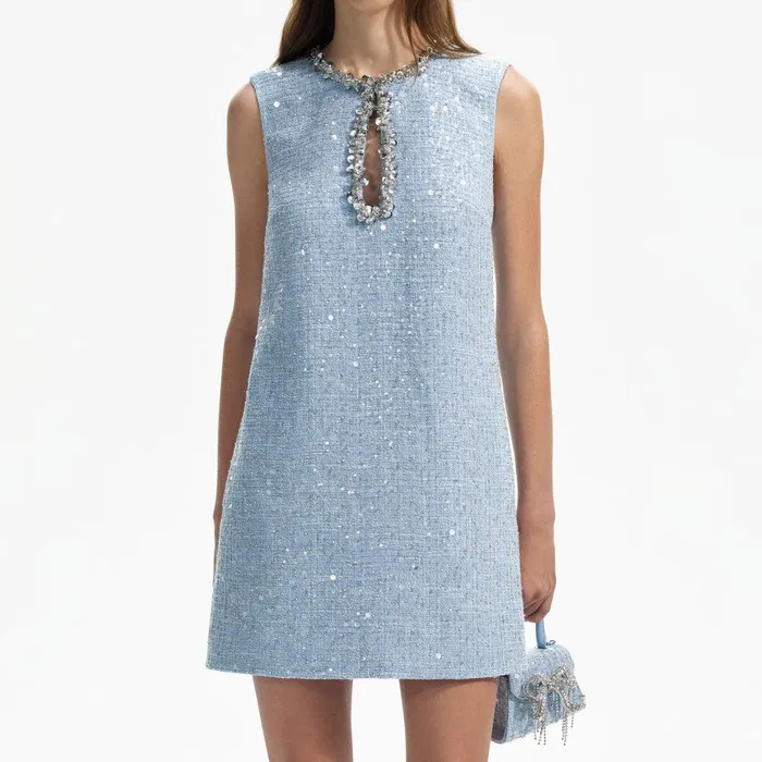Self Portrait Dresses Blue Sequin Boucle Mini Dress 8211 Women