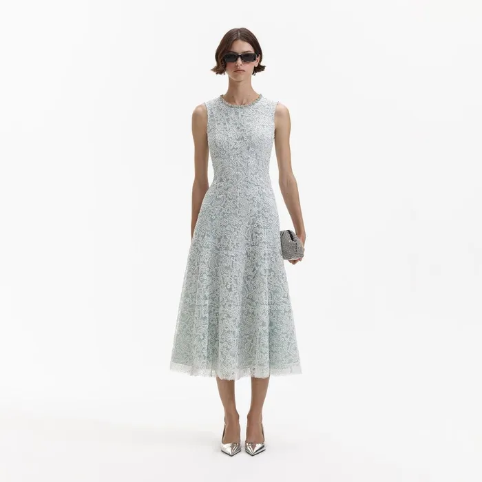 Self Portrait Dresses Green Cord Lace Round Neck Midi Dress 8211 Women