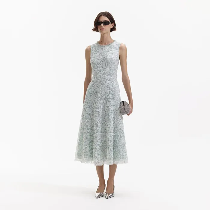 Self Portrait Dresses Green Cord Lace Round Neck Midi Dress 8211 Women