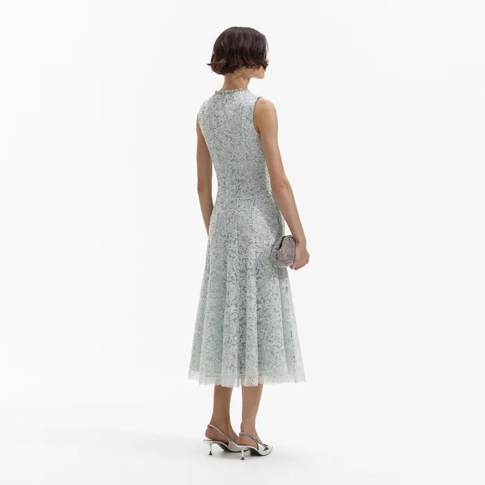 Self Portrait Dresses Green Cord Lace Round Neck Midi Dress 8211 Women