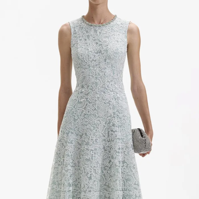 Self Portrait Dresses Green Cord Lace Round Neck Midi Dress 8211 Women