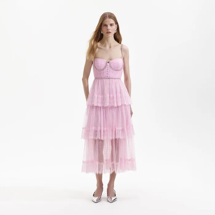 Self Portrait Dresses Pink Dot Mesh Tier Midi Dress 8211 Women