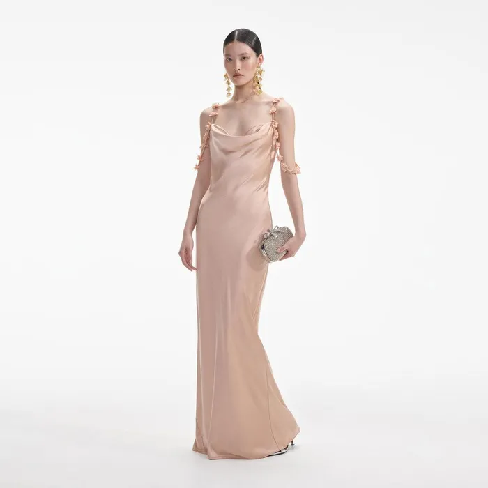Self Portrait Dresses Rose Gold Satin Flower Maxi Dress 8211 Women