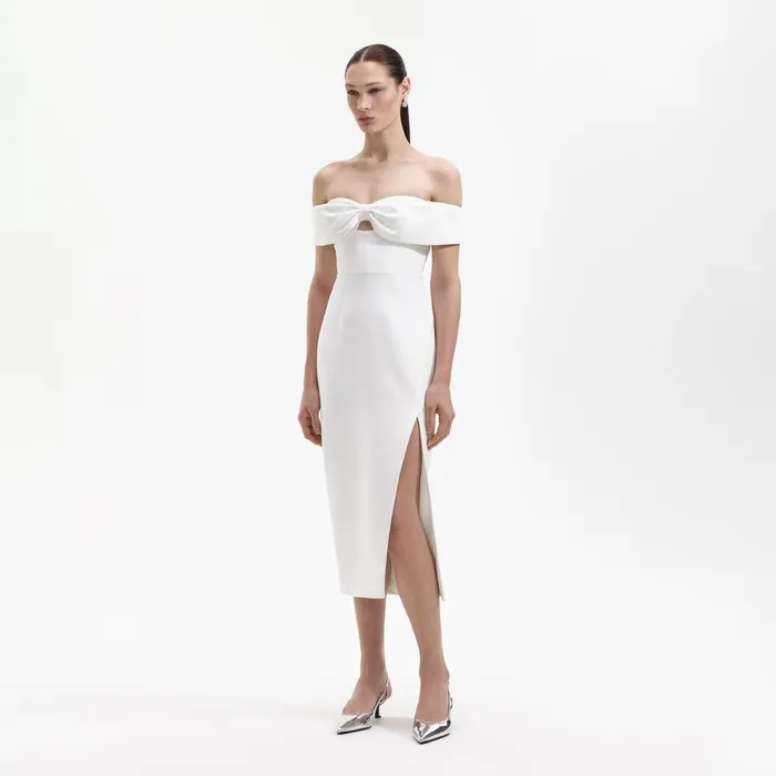 Self Portrait Dresses White Crepe Bow Midi Dress 8211 Women