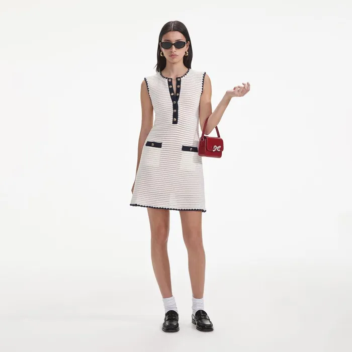 Self Portrait Knitwear Cream Crochet Contrast Trim Mini Dress 8211 Women