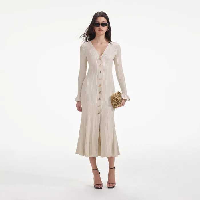 Self Portrait Knitwear Cream Metallic Ribbed Midi Dress 8211 Women