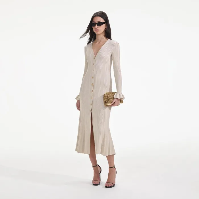 Self Portrait Knitwear Cream Metallic Ribbed Midi Dress 8211 Women