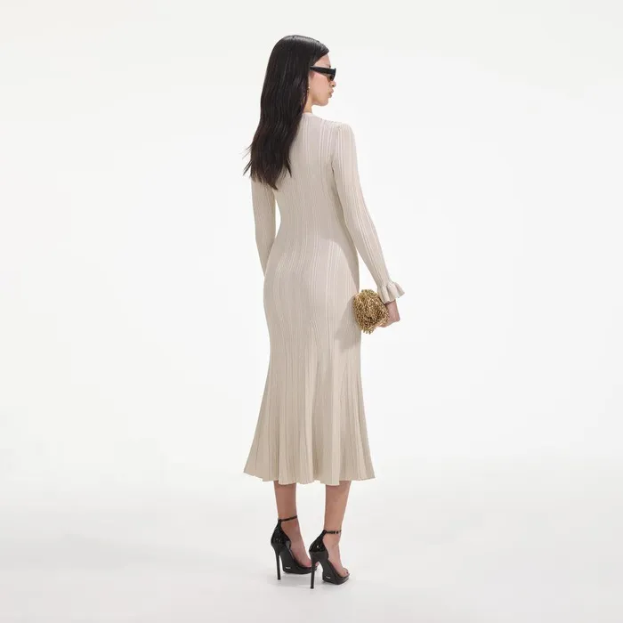 Self Portrait Knitwear Cream Metallic Ribbed Midi Dress 8211 Women