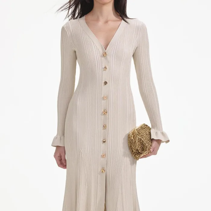 Self Portrait Knitwear Cream Metallic Ribbed Midi Dress 8211 Women