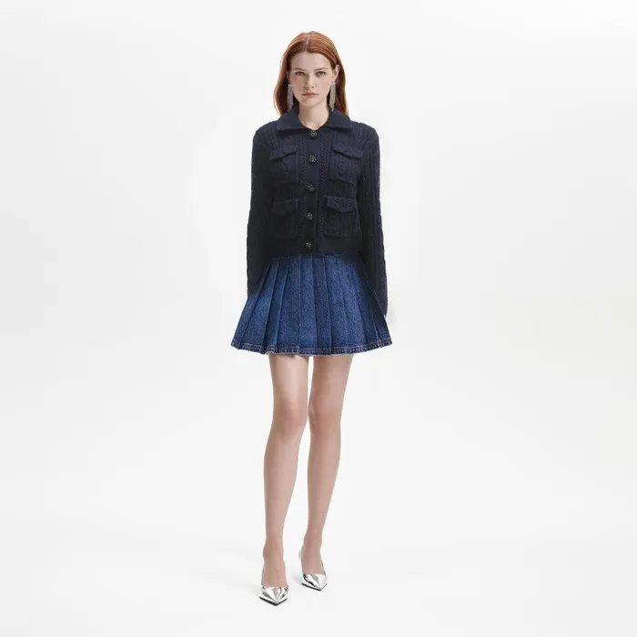 Self Portrait Tops Navy Knit Collar Cardigan 8211 Women