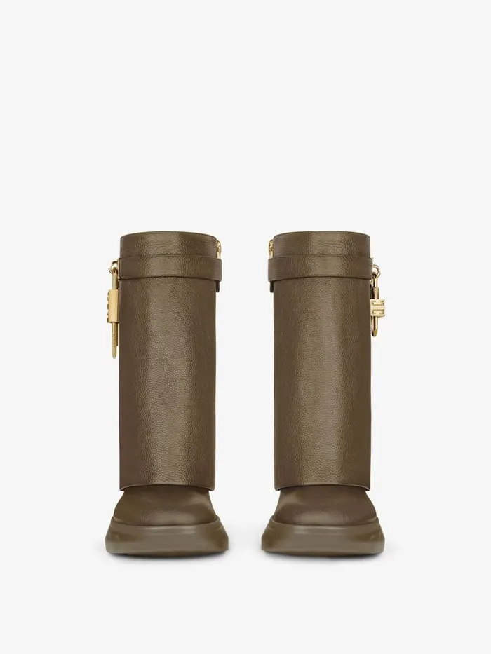Shark Lock Biker Ankle Boots In Grained Leather Dark Khaki Women Givenchy Shark Lock