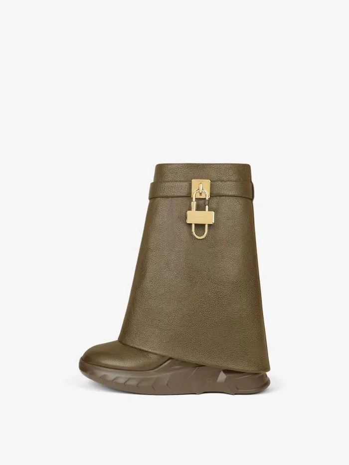 Shark Lock Biker Ankle Boots In Grained Leather Dark Khaki Women Givenchy Shark Lock