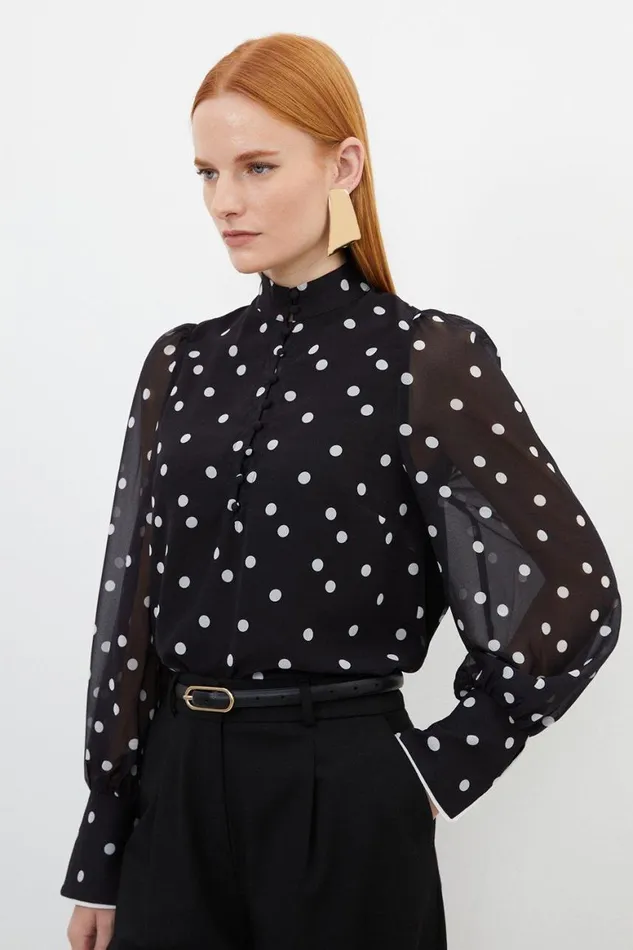 Shirts Women Karen Millen Contrast Georgette Spot Woven Blouse Black