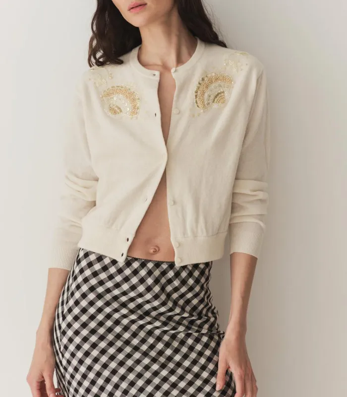 Shop ANDRINA CARDIGAN Eggshell DEN Knitwear