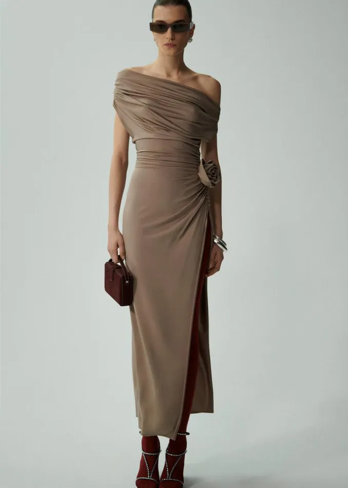 Shop Magda Butrym Dresses Cowl Neck Jersey Midi Dress In Beige