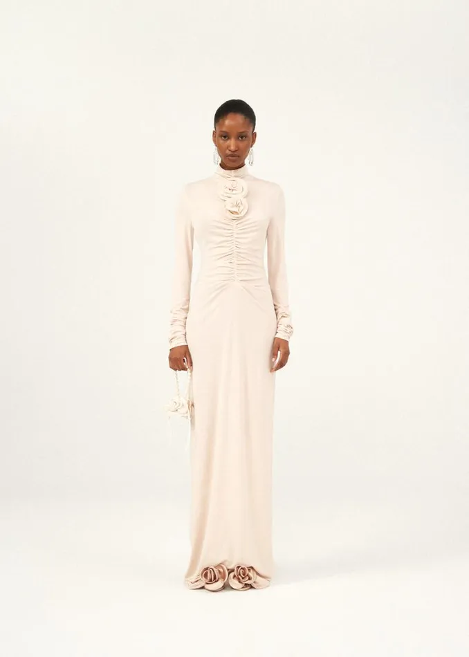 Shop Magda Butrym Dresses Ruched Floral Appliqu Maxi Dress In Beige Shop Magda Butrym Dresses Ruched Floral Appliqu Maxi Dress In Beige