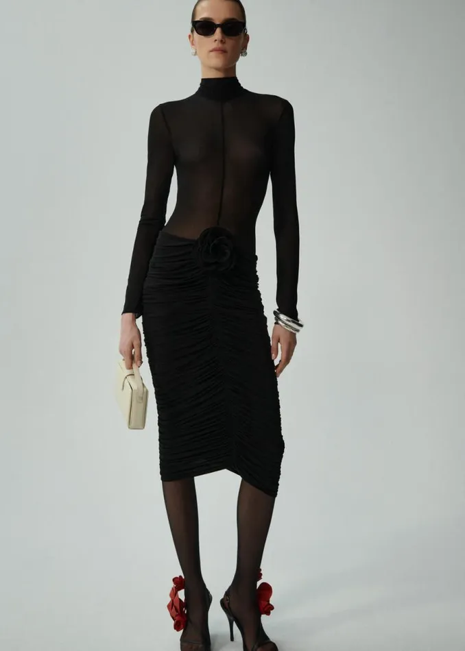 Shop Magda Butrym Dresses Sheer High Neck Midi Dress In Black Shop Magda Butrym Dresses Sheer High Neck Midi Dress In Black