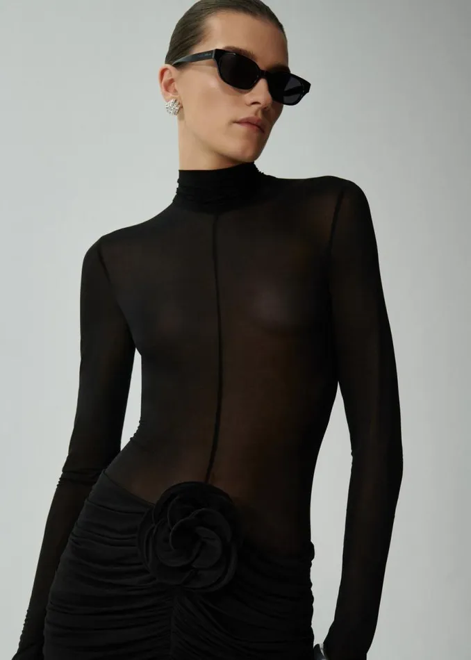 Shop Magda Butrym Dresses Sheer High Neck Midi Dress In Black Shop Magda Butrym Dresses Sheer High Neck Midi Dress In Black