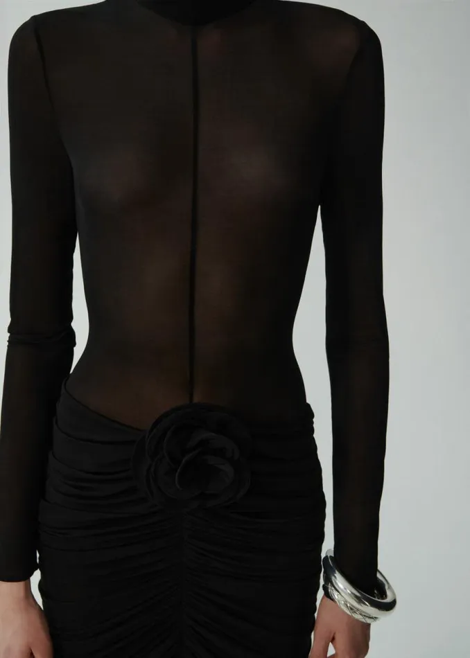 Shop Magda Butrym Dresses Sheer High Neck Midi Dress In Black Shop Magda Butrym Dresses Sheer High Neck Midi Dress In Black