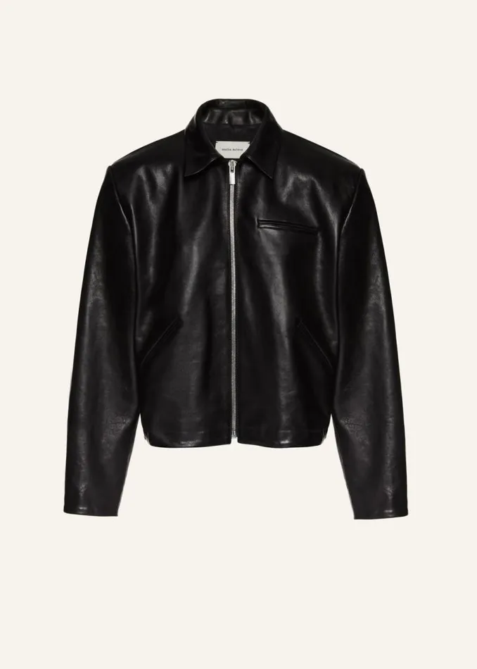 Shop Magda Butrym Leather And Shearling Boxy Leather Zip Jacket In Black