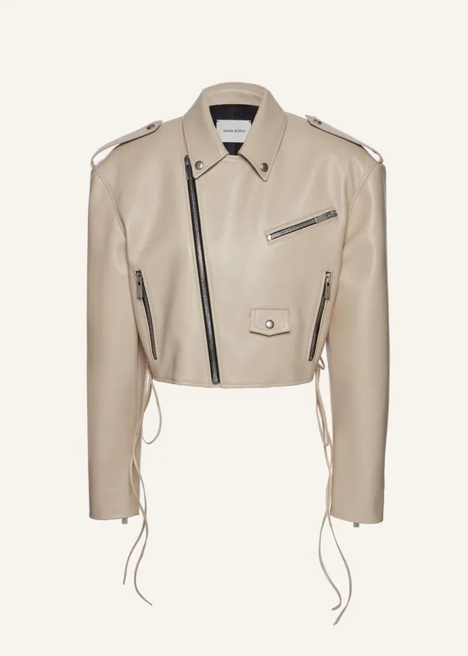 Shop Magda Butrym Leather And Shearling Cropped Leather Biker Jacket In Beige Shop Magda Butrym Leather And Shearling Cropped Leather Biker Jacket In Beige