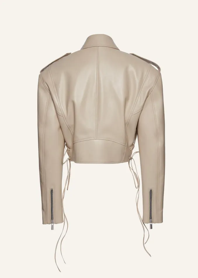 Shop Magda Butrym Leather And Shearling Cropped Leather Biker Jacket In Beige Shop Magda Butrym Leather And Shearling Cropped Leather Biker Jacket In Beige