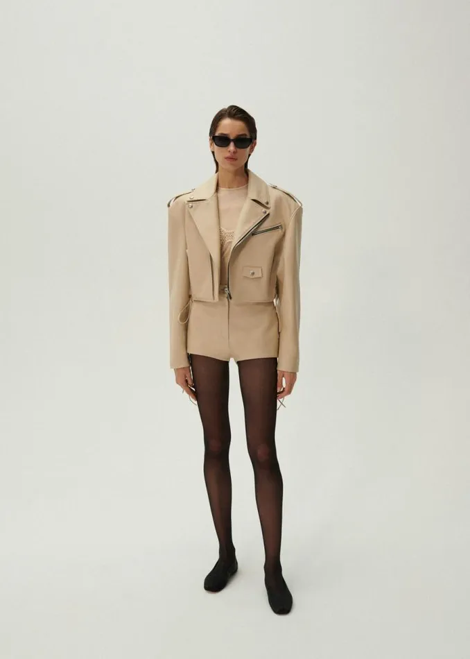 Shop Magda Butrym Leather And Shearling Cropped Leather Biker Jacket In Beige Shop Magda Butrym Leather And Shearling Cropped Leather Biker Jacket In Beige