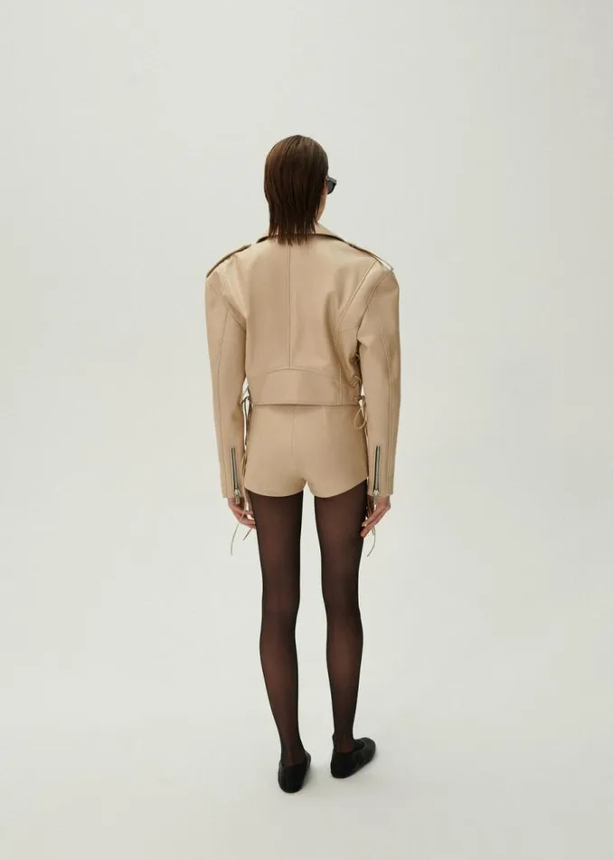 Shop Magda Butrym Leather And Shearling Cropped Leather Biker Jacket In Beige Shop Magda Butrym Leather And Shearling Cropped Leather Biker Jacket In Beige