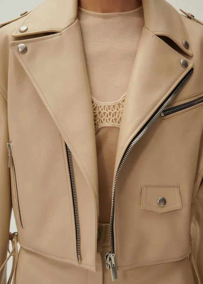 Shop Magda Butrym Leather And Shearling Cropped Leather Biker Jacket In Beige Shop Magda Butrym Leather And Shearling Cropped Leather Biker Jacket In Beige