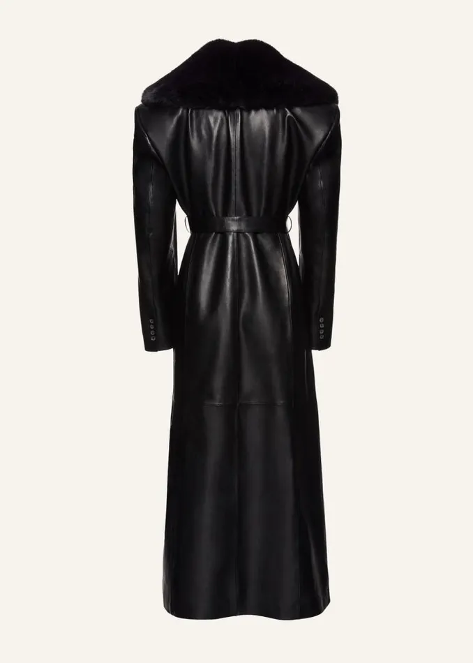 Shop Magda Butrym Leather And Shearling Long Faux Fur Trim Belted Leather Coat In Black Shop Magda Butrym Leather And Shearling Long Faux Fur Trim Belted Leather Coat In Black