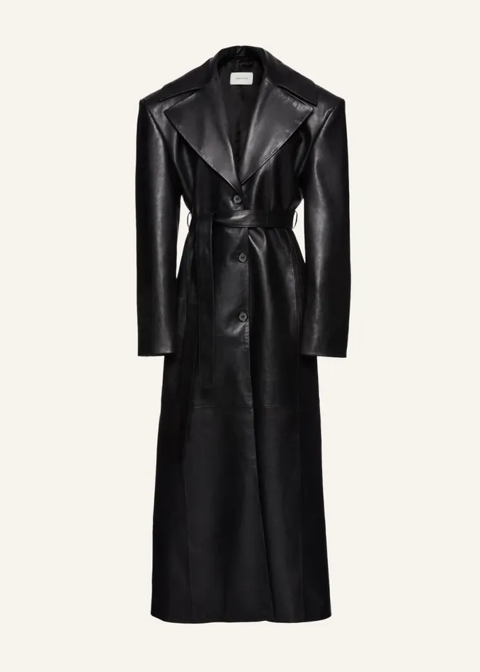Shop Magda Butrym Leather And Shearling Long Faux Fur Trim Belted Leather Coat In Black Shop Magda Butrym Leather And Shearling Long Faux Fur Trim Belted Leather Coat In Black