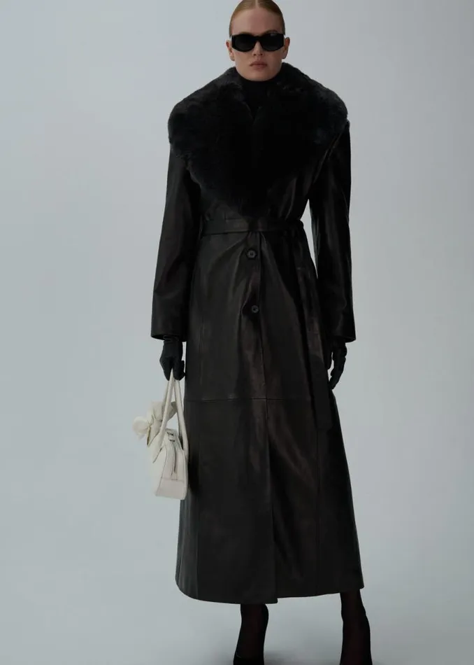 Shop Magda Butrym Leather And Shearling Long Faux Fur Trim Belted Leather Coat In Black Shop Magda Butrym Leather And Shearling Long Faux Fur Trim Belted Leather Coat In Black