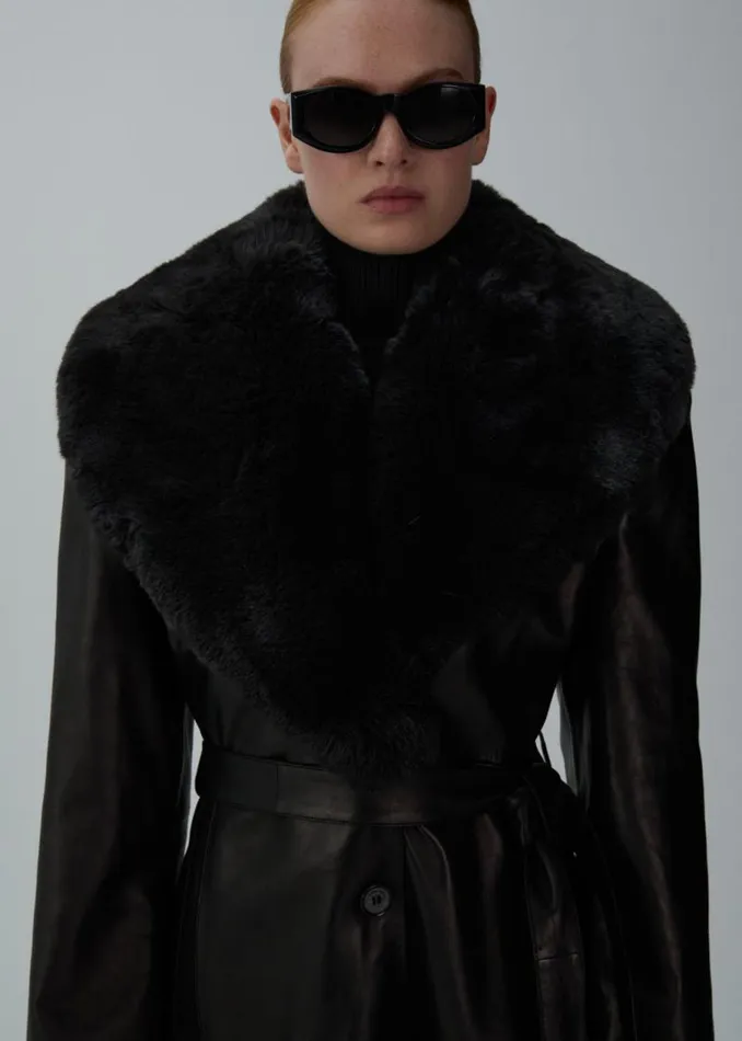 Shop Magda Butrym Leather And Shearling Long Faux Fur Trim Belted Leather Coat In Black Shop Magda Butrym Leather And Shearling Long Faux Fur Trim Belted Leather Coat In Black