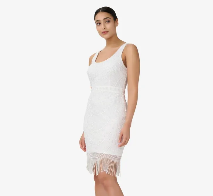 Short Dresses Womens Adrianna Papell HandBeaded And Fringed Short Sheath Cocktail Dress In Ivory