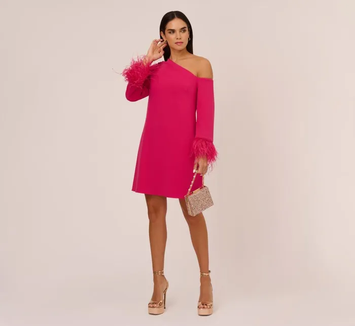 Short Dresses Womens Adrianna Papell Knit Crepe One Shoulder Long Sleeve Dress With Feather Accents In Bright Rose