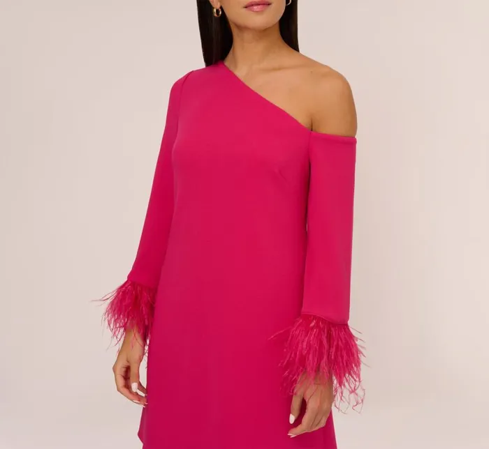Short Dresses Womens Adrianna Papell Knit Crepe One Shoulder Long Sleeve Dress With Feather Accents In Bright Rose
